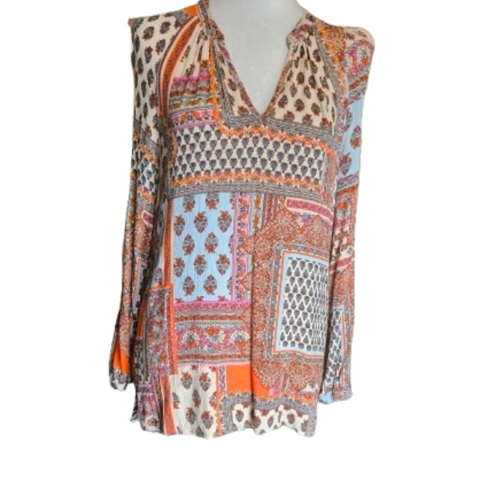Boho Patchwork V-Neck Blouse In Soft Neutrals - image 5